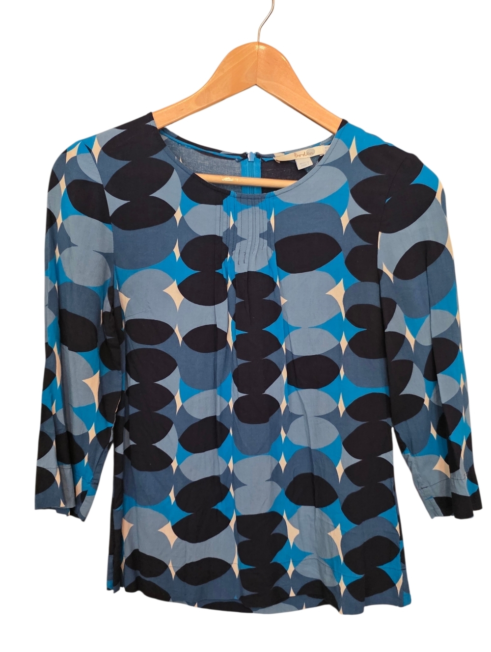 Boden EUc Geometric Mod Print In Blues Shortsleeve Blouse Pleated Front Size 4